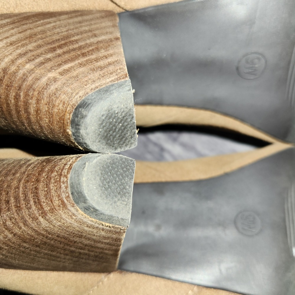 Wedge Heel Booties Open Toe Faux Suede Ankle Boots Tan Wide Width 9W Gold Accent - Picture 13 of 14